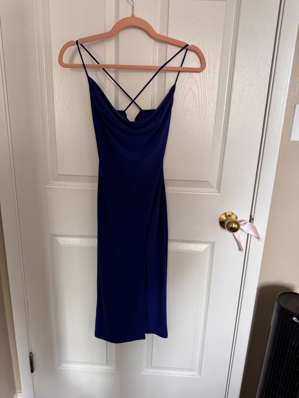 Blue Cowl Neck Slip Dress with Crisscross Straps